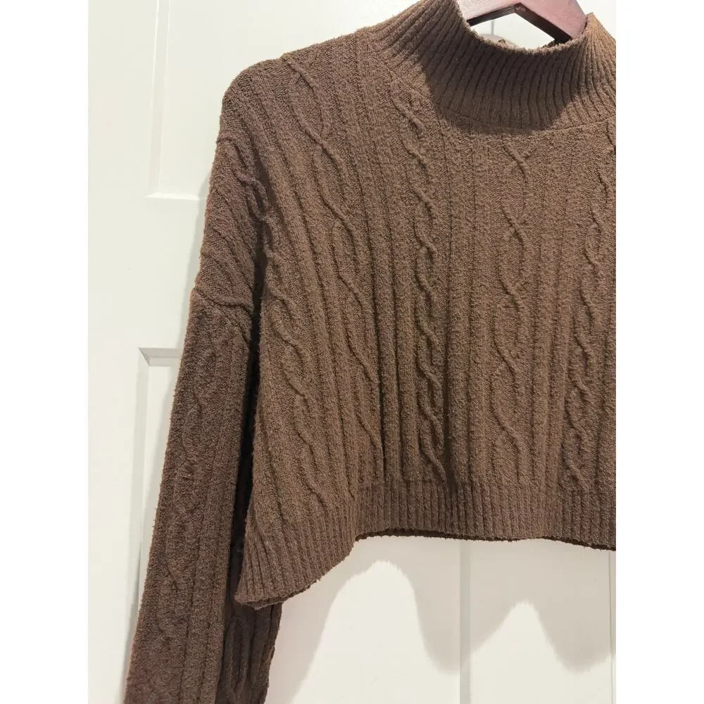 Alo Yoga Cable Knit Cropped Winter Bliss Sweater Espresso Size XS Cozy